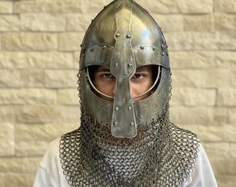 Handcrafted Viking Nasal Helmet with Chainmail | Medieval Armor