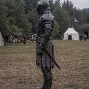 May include: A full suit of medieval armor in shades of gray and black, including a helmet, chest plate, and leg guards. The armor is worn with a sword at the hip. The scene is set outdoors with trees and a tent in the background.