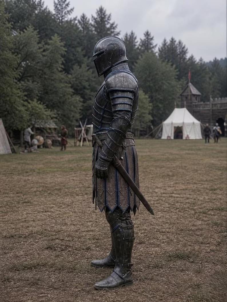 May include: A full suit of medieval armor in shades of gray and black, including a helmet, chest plate, and leg guards. The armor is worn with a sword at the hip. The scene is set outdoors with trees and a tent in the background.