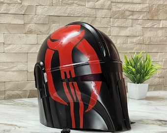 Hełm średniowiecznego rycerza mandaloriańskiego w kolorze czarno-czerwonym, cosplay Star Wars Fantasy Gothic Armor Larp, prezent