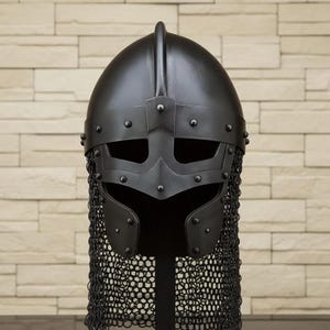 Black Viking Spangenhelm | Handmade Medieval Norse Helmet with Chainmail image 2