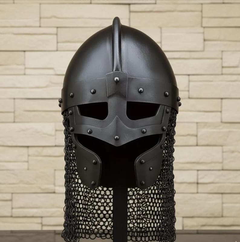 Black Viking Spangenhelm | Handmade Medieval Norse Helmet with Chainmail image 2