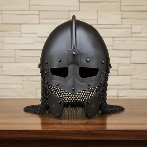 Black Viking Spangenhelm | Handmade Medieval Norse Helmet with Chainmail image 3