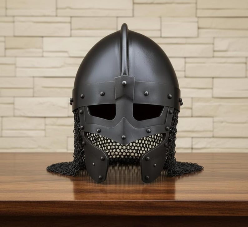 Black Viking Spangenhelm | Handmade Medieval Norse Helmet with Chainmail image 3