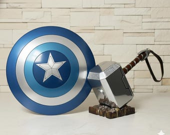 Réplica en metal azul del escudo y el martillo del Capitán América / Accesorio para cosplay / 61 cm (24 pulgadas)