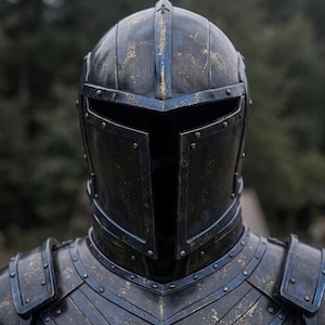 May include: A close-up of a black and blue medieval helmet and armor. The helmet has a cross on top and a visor. The armor is detailed with rivets and gold accents, suggesting a weathered appearance. The overall aesthetic is dark and imposing.