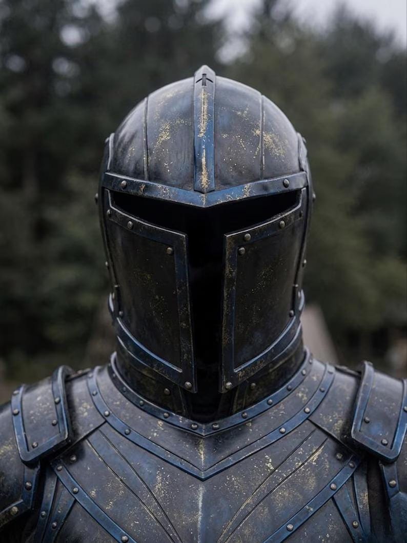 May include: A close-up of a black and blue medieval helmet and armor. The helmet has a cross on top and a visor. The armor is detailed with rivets and gold accents, suggesting a weathered appearance. The overall aesthetic is dark and imposing.
