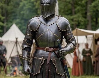 Conjunto de armadura de caballero gótico oscuro con acabado de latón, disfraz de águila de cruzado medieval, traje de LARP para cosplay.