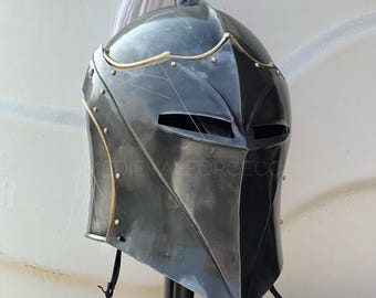 Medieval Knight Helmet with brass finish Steel Armor with Plume & Open Visor Vanguard Winged