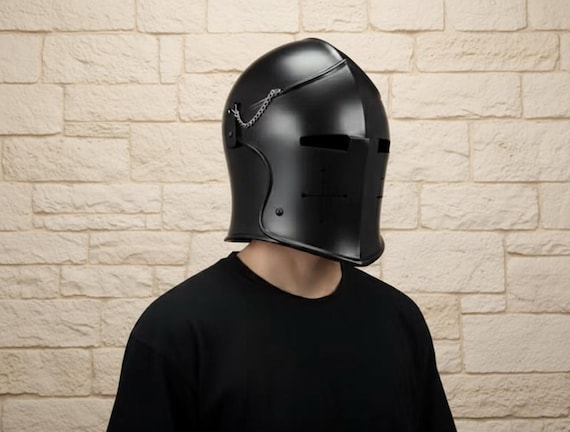Handcrafted Black Medieval Barbuta Helmet, Full Face Armor, Chain Visor