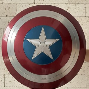 Puede incluir: Un escudo del Capit&aacute;n Am&eacute;rica rojo, blanco y azul. El escudo tiene un dise&ntilde;o circular con un anillo exterior plateado, un &aacute;rea central roja y un centro azul con una estrella blanca. El escudo se sostiene frente a una pared de ladrillos.
