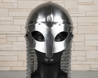 Casco vikingo Spangenhelm artesanal, cota de malla Aventail, armadura para LARP