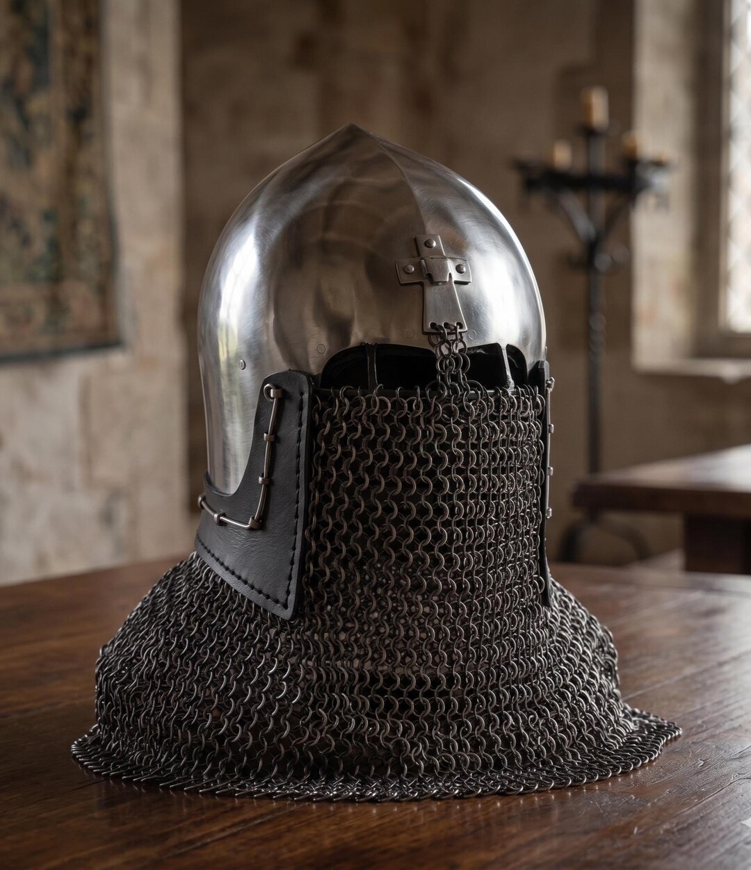 Medieval Bascinet Clapvisor Cross Chainmail Helmet for Knight 16 Gauge ...