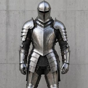 May include: A full suit of polished steel armor, including a helmet, shoulder guards, chest plate, arm and leg protection, and gauntlets. The armor is designed with overlapping plates and chainmail accents, reflecting a medieval aesthetic.