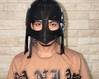 Handcrafted Blackened Steel Viking Helmet: Norse Armor with Chainmail