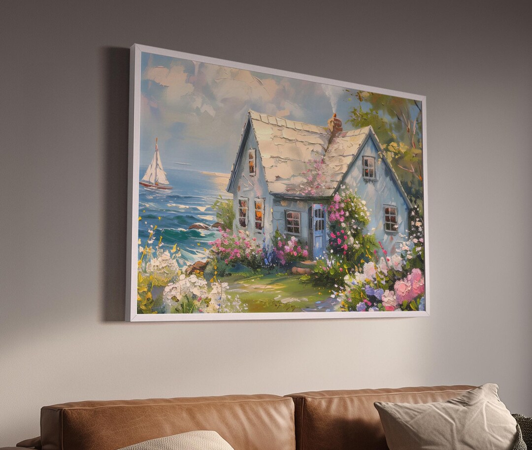 Coastal Cottage Garden Wall Art Print | Stone Path Floral Painting ...