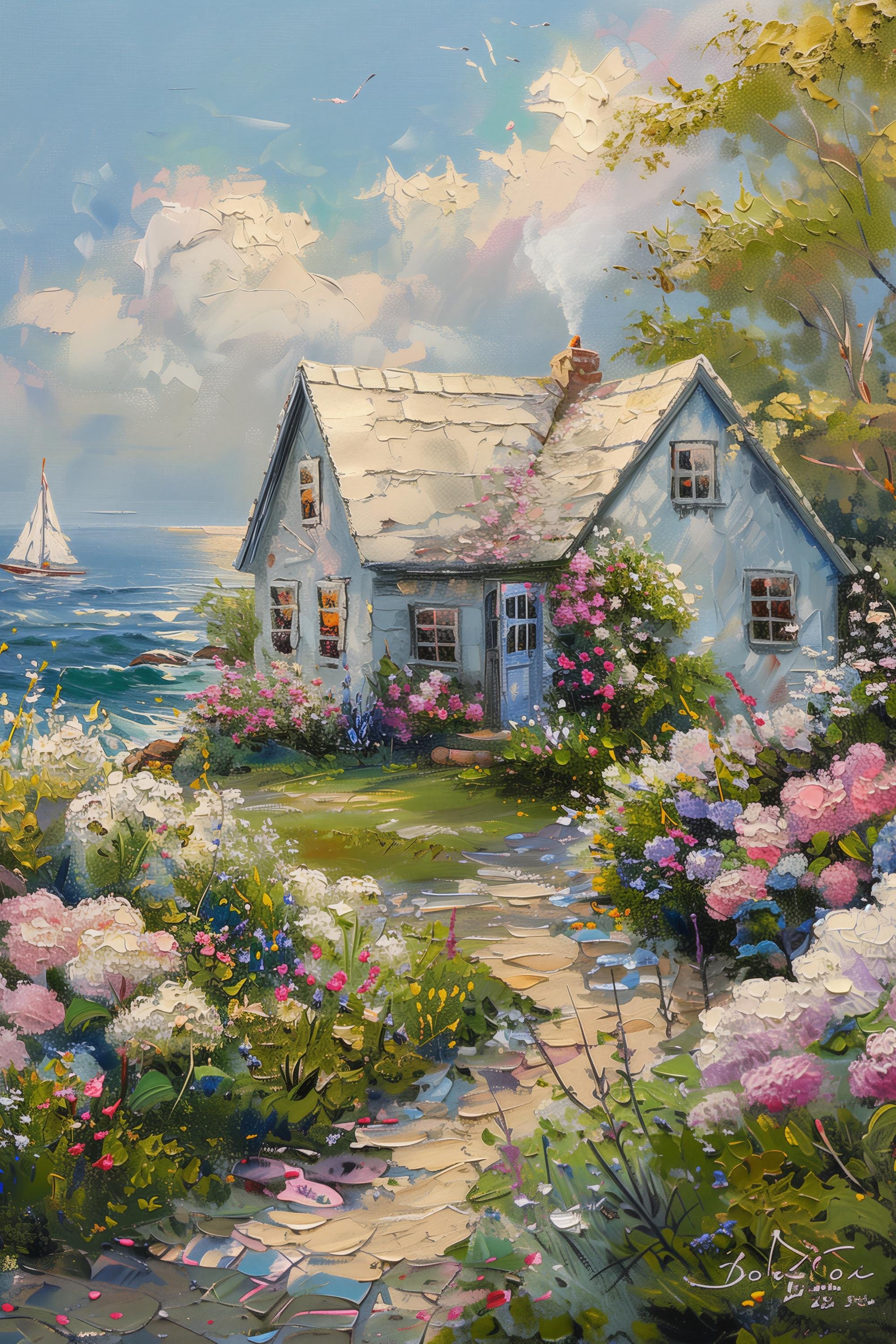 Coastal Cottage Garden Wall Art Print | Stone Path Floral Painting ...