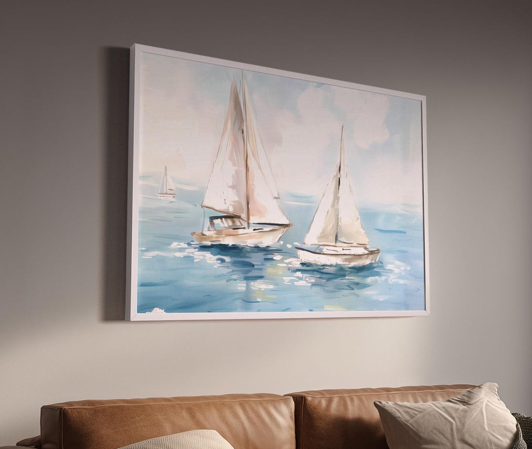 Coastal Sailboats Painting | Soft Blue Seascape | Sailboat Wall Art ...