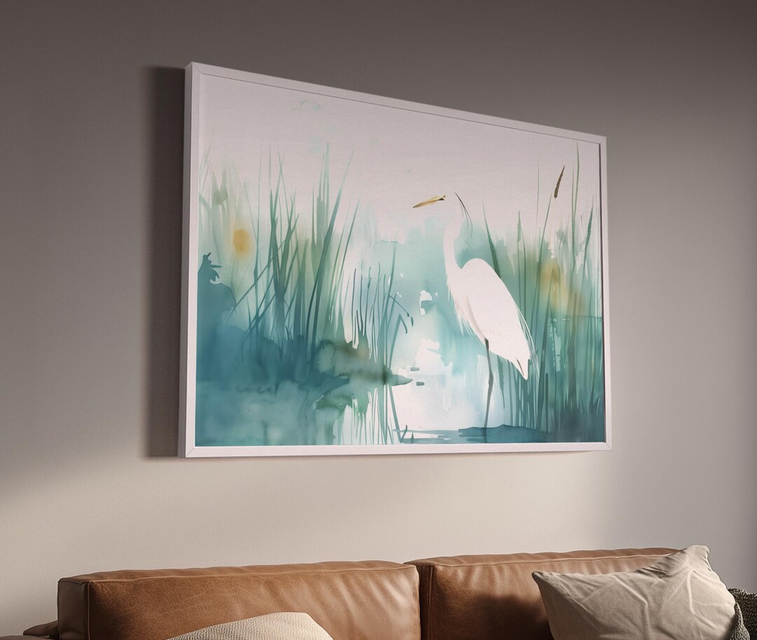 Minimalist Egret Marsh Printable Wall Art, White Egret Watercolor ...