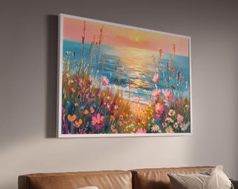 Sunset Coastal Wildflower Print | Pastel Beach Art | Floral Wall Art | Coastal Wall Art | Wildflower Wall Art | Digital Download
