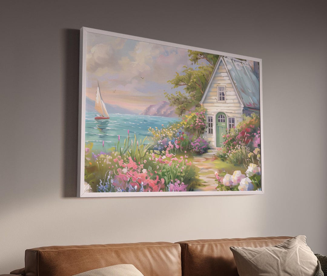 Coastal Cottage Garden Wall Art Print | Stone Path Floral Painting ...