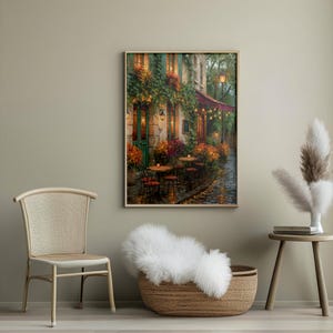 String Light Café Wall Art Print | Teal Bistro Cobblestone Evening Painting | European Street Candle Decor | Vintage Colorful Coastal Art