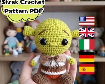 Shrek Crochet Pattern, cute toy, gift, and easy-to-follow instructions suitable for beginners. PDF available in 5 languages.