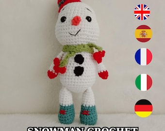May include: A handmade crochet snowman with a red hat, carrot nose, and black button eyes. It has a green scarf, red mittens, and teal shoes. The text "PATTERN PDF" and "SNOWMAN CROCHET" are displayed.