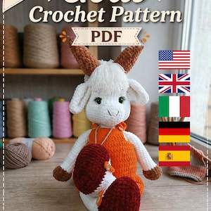 May include: A handmade crochet goat doll with white, brown, and orange details. The doll has large, dark red shoes and is wearing an orange outfit. The image also includes text that says "Goat Crochet Pattern PDF".