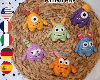 Mini mostri all'uncinetto, schema PDF, tutorial all'uncinetto per set di mostri, schema portachiavi amigurumi a forma di mostro, dolce uncinetto per Halloween