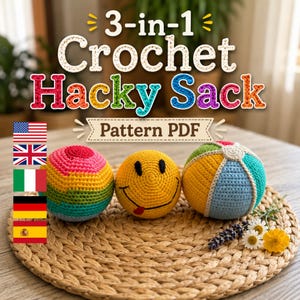 Può includere: Un modello PDF 3-in-1 per hacky sack all'uncinetto con tre palline rotonde lavorate a maglia. Una pallina ha un gradiente arcobaleno, una è gialla con una faccina sorridente nera e lingua rossa, e una ha pannelli blu, gialli e verdi con bordo bianco.
