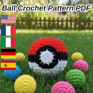May include: A large, red and white crocheted ball with a black center design, surrounded by smaller, colorful crocheted balls in yellow, pink, green, and blue. The text "Ball Crochet Pattern PDF" is at the top.