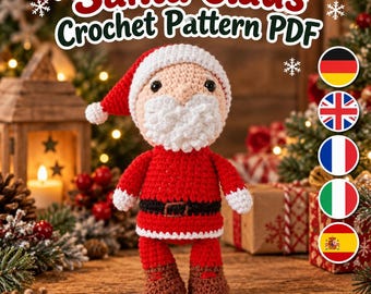 Pode incluir: Uma boneca de Pai Natal em croché com um gorro vermelho com pompom branco, barba branca, fato vermelho com cinto preto e botas castanhas. O texto Santa Claus Crochet Pattern PDF é exibido no topo da imagem.