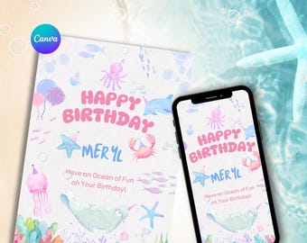 Ocean Birthday Card Template | Editable Canva Greeting Card (Instant Download)