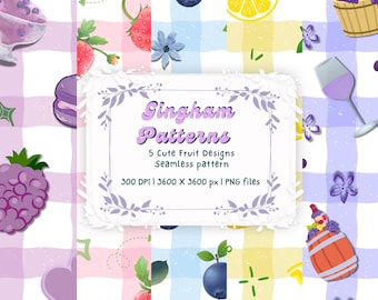 Gingham Fruit Pattern Bundle | Strawberry, Lemon, Blueberry Seamless 12x12 PNG 300 DPI (Digital Download)