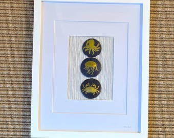 Gouden zeedieren muurkunst – handgeschilderde octopus, kwal, krab