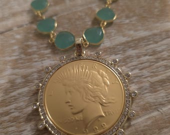 Peace Dollar Medallion Necklace | Aqua Chalcedony & Crystal Halo