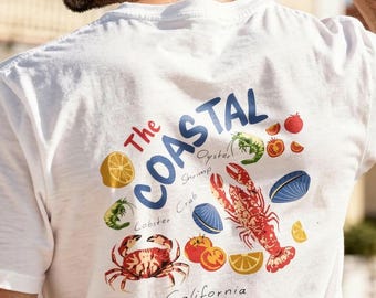 Coastal Seafood Graphic Tee, Lobster Crab Oyster Shirt, Beach Vacation T-Shirt, Nautical Summer Tee, California Coastal Shirt