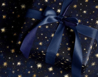Papel de regalo Estrella Dorada Medianoche, Papel de regalo navideño celestial, Papel de regalo navideño Cielo Nocturno Azul Marino, Rollo de papel de regalo Estrellas Doradas