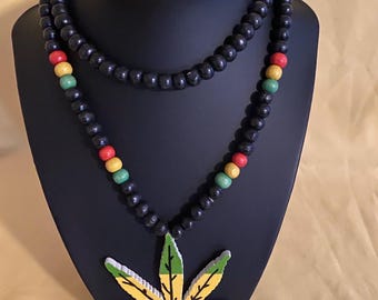 Rasta Beaded Necklace with Leaf Pendant