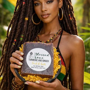 Puede incluir: Una mujer con largas rastas marrones sostiene una pastilla de jabón marrón oscuro. El jabón está etiquetado como "Blessed Love Turmeric and Ginger Twist & Locks" y está rodeado de flores amarillas. Lleva pendientes de aro dorados y un top colorido.