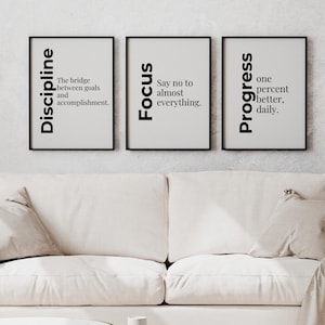 Set de 3 láminas imprimibles con temática de disciplina, enfoque y progreso: Tipografía motivacional minimalista (Descarga digital)