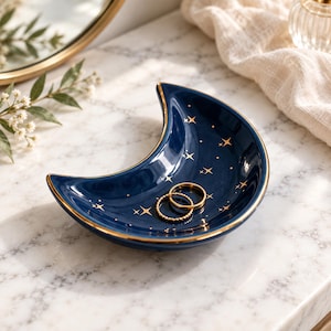 Portagioie a forma di luna per lei, vassoio portagioie in ceramica a mezzaluna, portagioie celeste, regalo astrologico per donne, regalo di Natale, regalo per damigella d'onore