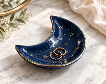 Porta-anéis em forma de lua crescente para ela, bandeja de cerâmica para joias, porta-joias celestial, presente astrológico para mulheres, presente de Natal, presente para madrinhas