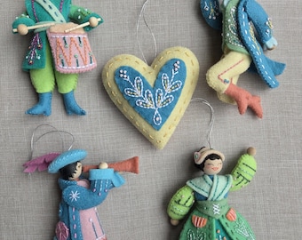 Handmade Felt Christmas Ornaments: 12 Days Ornaments by mmmcrafts, Pastel Version of Jeweltone Colorway