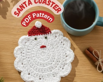 Santa Crochet Coaster Pattern PDF - Weihnachtsbecher Teppich, festliche Feiertags-Tischdekoration, Weihnachtsuntersetzer