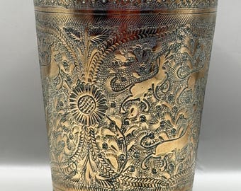 Vintage Indian Brass Vase Hand Engraved Deer Bird Floral Etched Brass Beaker Boho Decor Rustic Brassware Maximalist Eclectic Home Accent