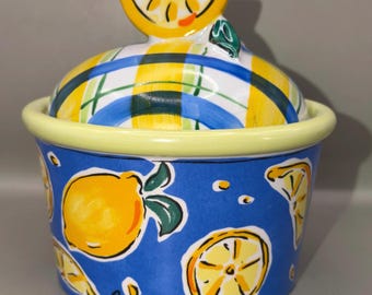 Vintage Russ Berrie Lemon Trinket Box Ceramic Lidded Pot Citrus Fruit Decor Mediterranean Cottagecore Kitchen Accent