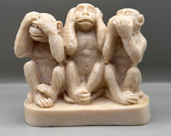 Vintage Three Wise Monkeys Figurine Faux Ivory Effect Ornament See Hear Speak No Evil Sculpture Eclectic Decor Curio Shelf Collectible