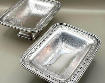 Vintage Barker Ellis Silver Plated Pedestal Bon Bon Dishes, Ornate Floral Engraving, England